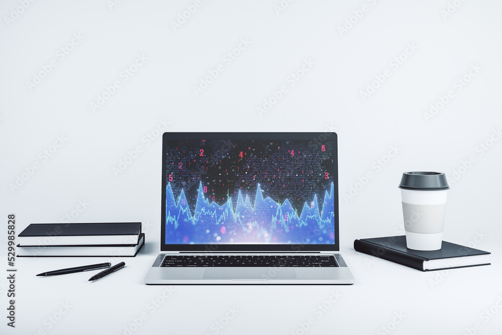 Modern computer display with abstract graphic data spreadsheet sketch, analytics and analysis concept. 3D Rendering Modern computer display with abstract graphic data spreadsheet sketch, analytics and analysis concept. 3D Rendering