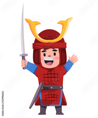 Samurai japanese warior with read armor helment and katana sword Japan military commander