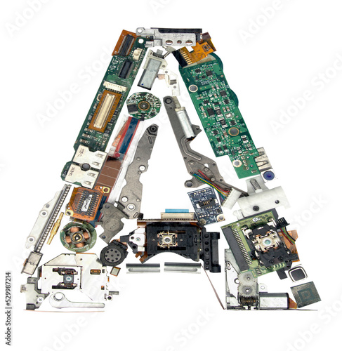  the letter A made up of old electronic  parts 