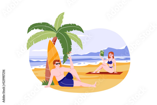 Young people are resting on the seashore Illustration concept on white background