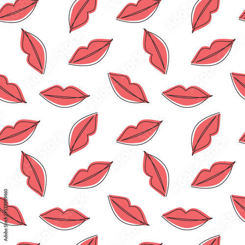 Red lips seamless pattern vector. Continuous one line drawing illustration. Female hand drawn mouth icon. Wallpaper, graphic background, fabric, textile, print, wrapping paper or package design. © Oksana