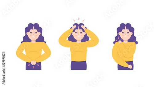 shoulder pain, stomach ache, and headache. illustration of a woman with several diseases. facial expressions. hands holding the body. health problems. vector character design. for posters, advertiseme