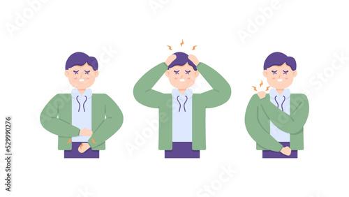 shoulder pain, stomach ache, and headache. illustration of a man with several diseases. facial expressions. hands holding the body. health problems. vector character design. for posters, advertisement
