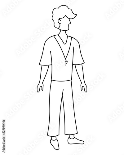 Coach. Sketch. A man with a whistle around his neck. Vector illustration. School theme. Coloring book for children. Doodle style. Outline on isolated background. Illustration for web design.