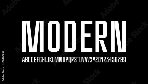 Condensed font, narrow alphabet, letters and numbers, vector illustration 10EPS