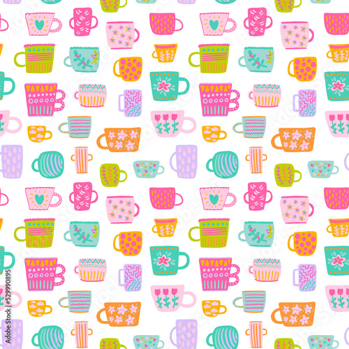 Rainbow colorful cups hand drawn seamless pattern