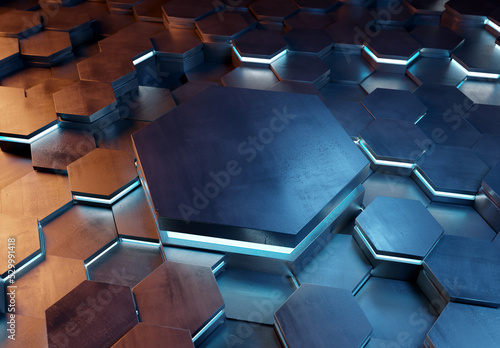 Glowing orange and blue hexagons podium background pattern. Hexagonal metal surface with lights and reflections. 3D rendering