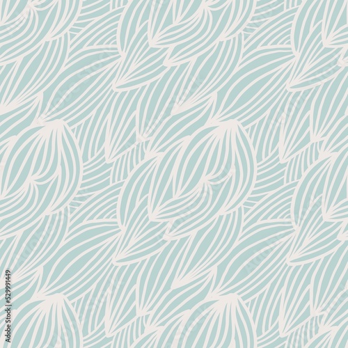 Blue and white leaves abstract waves hand drawn seamless pattern
