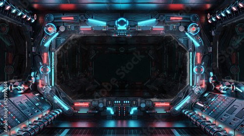Fototapeta Naklejka Na Ścianę i Meble -  Dark spaceship interior with isolated window. Futuristic spacecraft with glowing blue and red control panels and empty view. 3D rendering