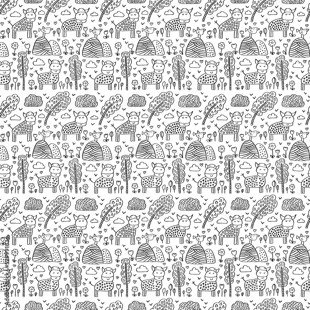 Cows birds trees country hand drawn seamless pattern