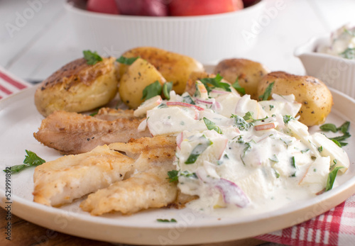 Light fish dish with pan fried redfish, roasted jacket potatoes and sour cream, herb, apple sauce