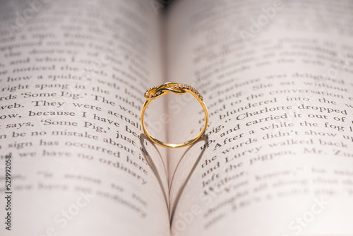 Wedding ring casting a heartonto a book with rose flower