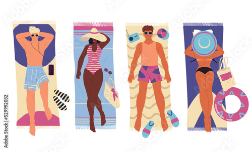 People sunbathing on a beach, vector banner.