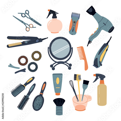 Set of hairdressing accessories. Hairdryer, hairbrush, razor, scissors, barrettes and different professional tools for barbershop. Hand drawn flat vector illustration isolated on white background.