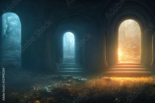 beautiful mystical portal to another world, colorful fantasy environment background, digital illustration, cg artwork, realistic illustration, concept art, video game background, book illustration