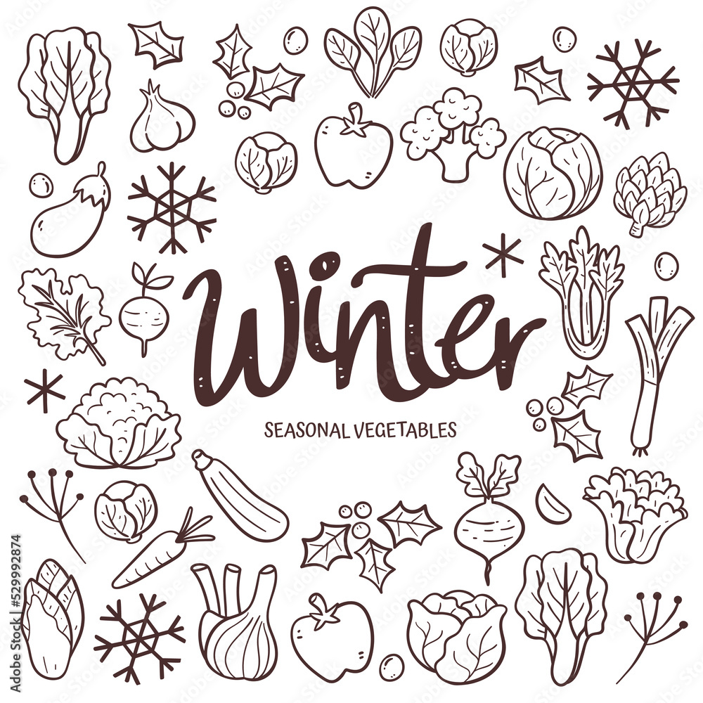 Seasonal vegetables background. Hand-drawn winter vegetables composition made of doodle vector icons, isolated on white background.