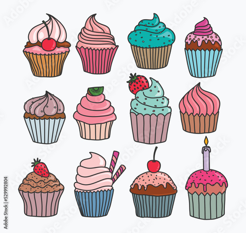 Set of hand drawn cupcakes. 