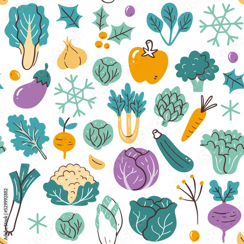 Colorful winter seasonal vegetables seamless pattern. Isolated vegetables on white background. Vector illustration.