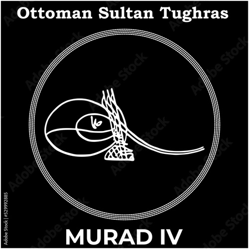 Vector image with Tughra signature of Ottoman Seventeenth Sultan Murad IV, Tughra of Murad IV with black background. photo