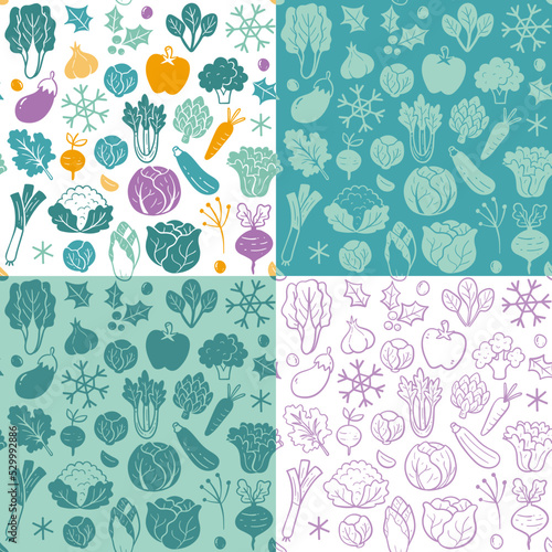 Winter seasonal vegetables seamless pattern collection. Colorful, flat silhouette and doodle style.  Isolated vegetables on white background. Vector illustration.