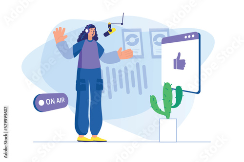 Podcast streaming concept with people scene. Vector illustration