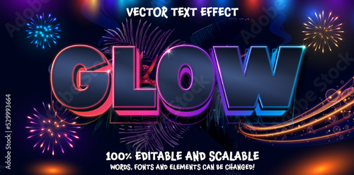 Glowing orange purple blue light background text effect. Editable font template