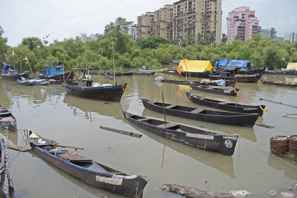 Traditional wooden fishing boats in the port