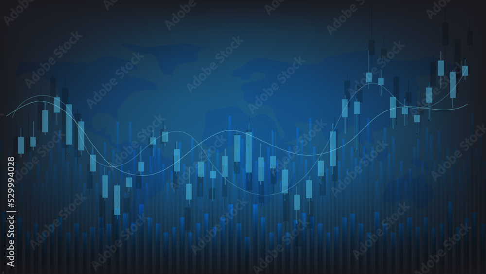 economy situation concept. Financial business statistics with bar graph and candlestick chart show stock market price and currency exchange on blue background economy situation concept. Financial business statistics with bar graph and candlestick chart show stock market price and currency exchange on blue background