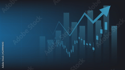 economy situation concept. Financial business statistics with bar graph and candlestick chart show stock market price and currency exchange on blue background