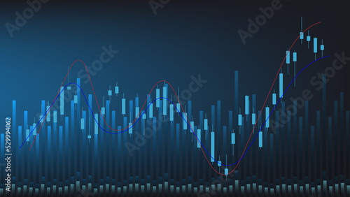 economy situation concept. Financial business statistics with bar graph and candlestick chart show stock market price and currency exchange on blue background