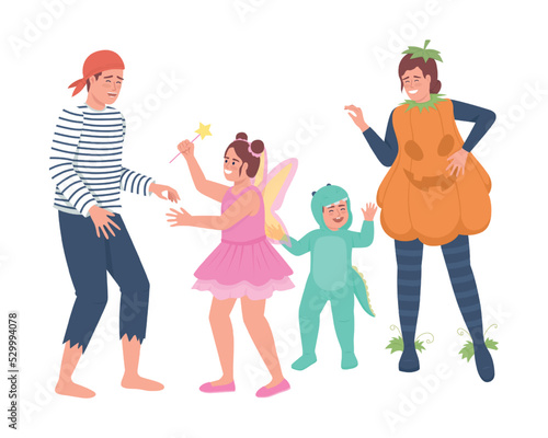 Family members having fun semi flat color vector characters. Editable figures. Full body people on white. Halloween masquerade simple cartoon style illustration for web graphic design and animation © The img