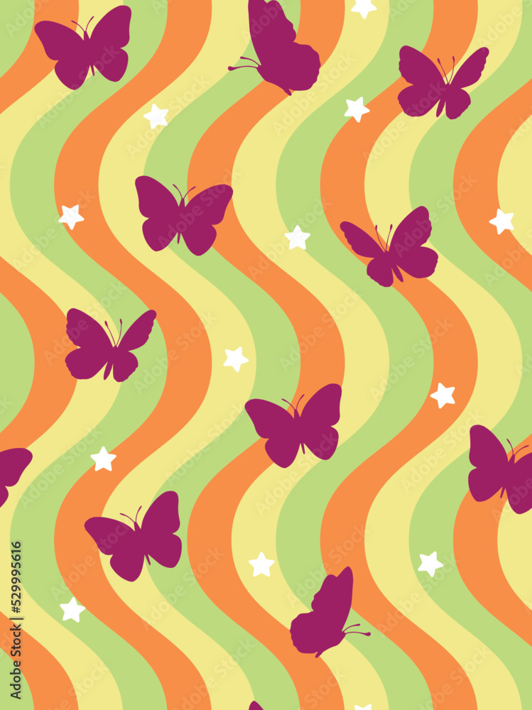 Abstract Funky Wavy Stripes Butterfly Silhouettes Stars Retro Minimalist Geometric Simple Pattern Trendy Fashion Colors Perfect for Allover Fabric Print or Wrapping Paper