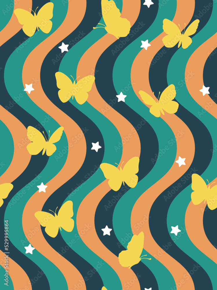 Abstract Funky Wavy Stripes Butterfly Silhouettes Stars Retro Minimalist Geometric Simple Pattern Trendy Fashion Colors Perfect for Allover Fabric Print or Wrapping Paper