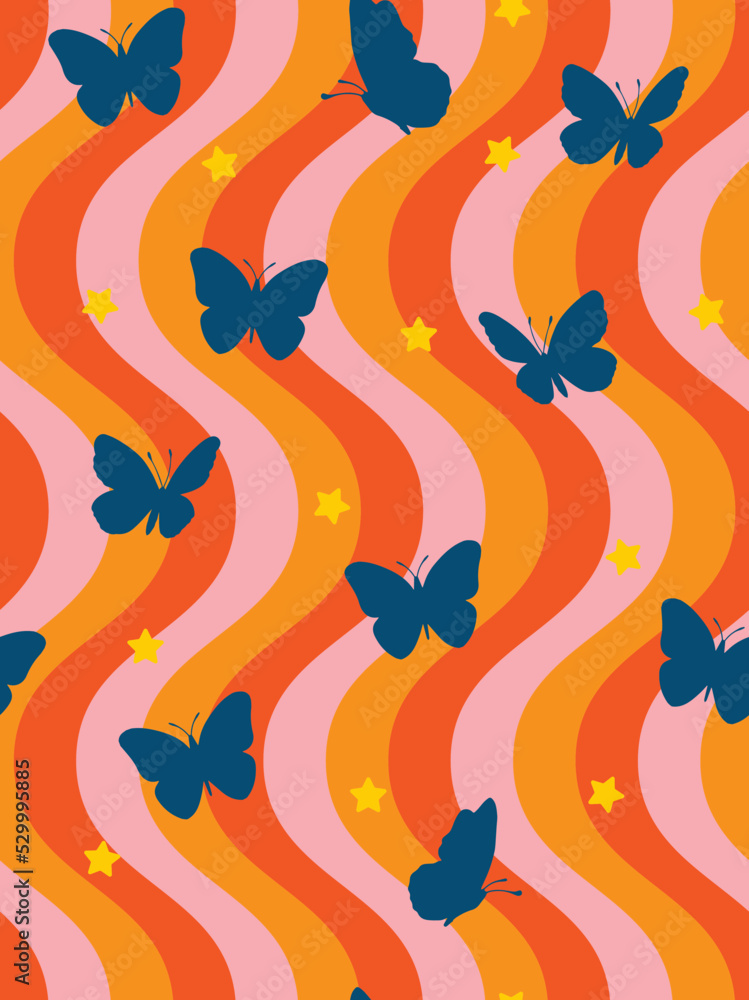 Abstract Funky Wavy Stripes Butterfly Silhouettes Stars Retro Minimalist Geometric Simple Pattern Trendy Fashion Colors Perfect for Allover Fabric Print or Wrapping Paper