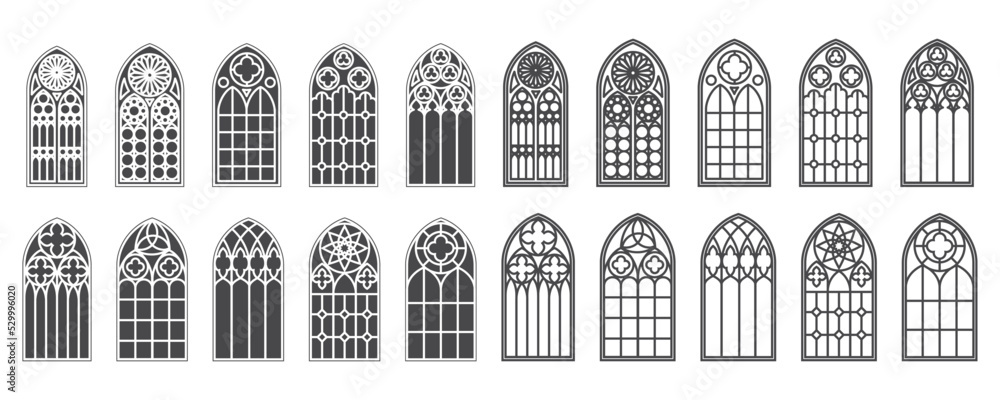 Church windows set. Silhouettes of gothic arches in line and glyph classic style. Old cathedral glass frames. Medieval interior elements. Vector - obrazy, fototapety, plakaty 