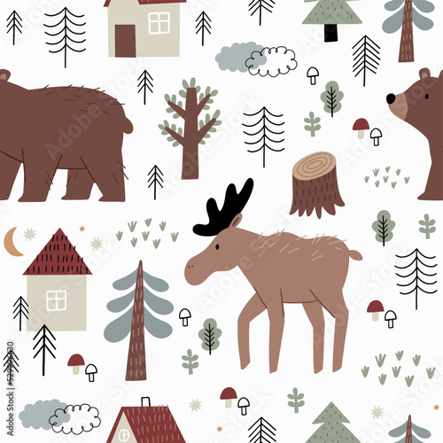 Wild forest animals clipart collection. Hand drawn woodland trees, mushrooms, animals, house, berries, leaves. Scandinavian style vector seamless pattern - Elk, deer, bear