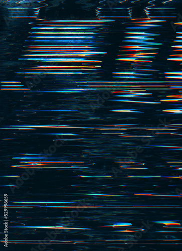 Glitch noise texture. Digital artifacts. Frequency error. Blue orange color fuzzy vibration static distortion on dark black abstract illustration background.