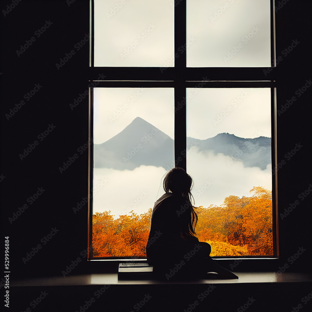 silhouette of a person sitting on a window