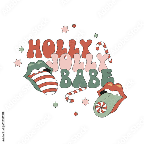 Hippie Groovy Christmas lips with tongue sweets candy starry vector illustration isolated on white. Holly Jolly Babe phrase. Retro 60s 70s mouth sweetmeat Xmas Holiday festive season poster.