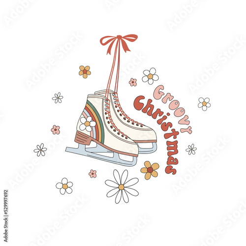 Hippie Groovy Christmas racing ice skates rainbow daisy floral vector illustration isolated on white. Boho Retro 60s 70s roller skate Xmas Holiday festive season poster.