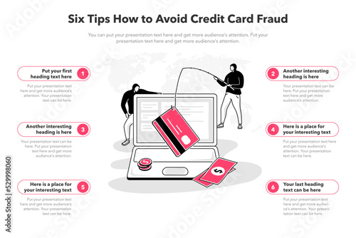 Simple infographic template for how to avoid credit card fraud. 6 stages template with a laptop and two hackers stealing credit card information as a main symbol.