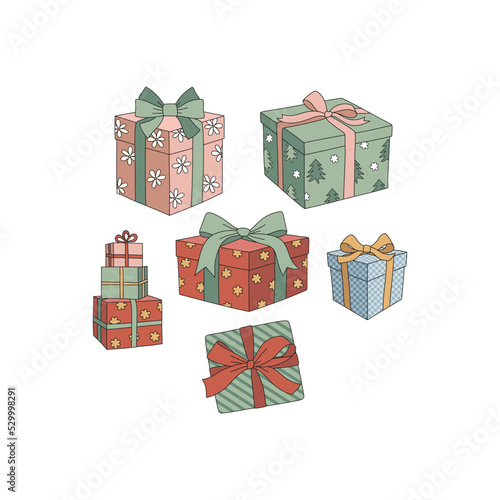 Hippie Groovy Christmas presents gift boxes vector illustration set isolated on white. Retro 60s 70s Xmas souvenir print collection for holiday season decor and card making.