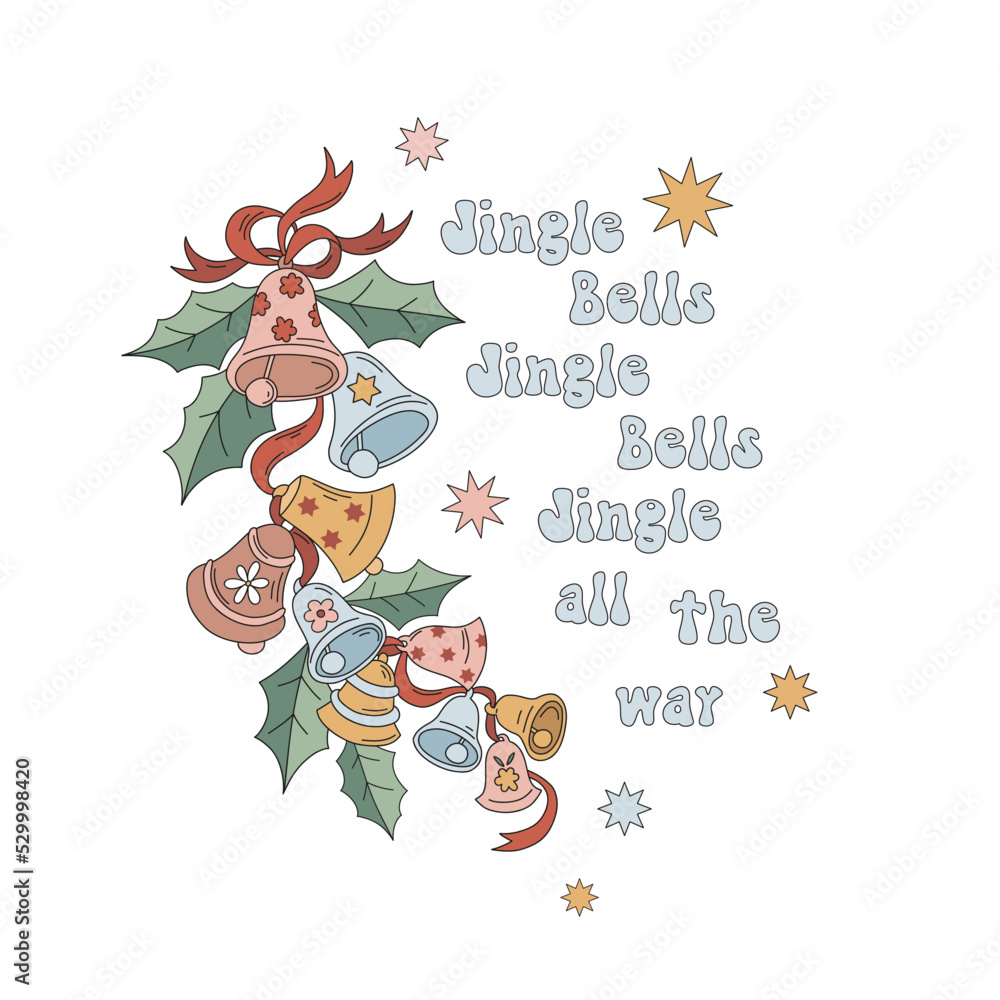 Retro 60s 70s Christmas jingle bells garland vector illustration isolated on white. Hippie Groovy Xmas ornaments poster for Holiday season greeting postcard and invitation design.