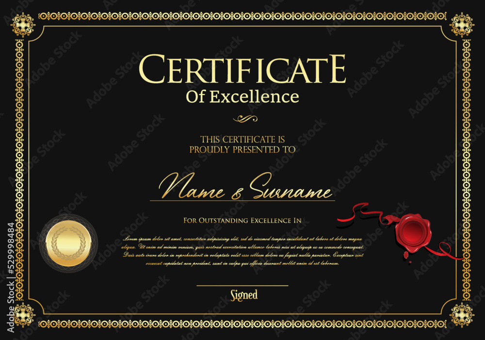 Certificate or diploma black and gold design vector illustration  - obrazy, fototapety, plakaty 
