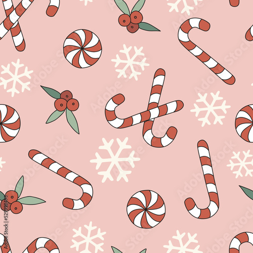 Retro 60s 70s Christmas sweets candy cane lollipop mistletoe snowflake vector seamless pattern. Hippie Groovy Vintage Xmas sweetmeat background for holiday festive season wrapping paper.