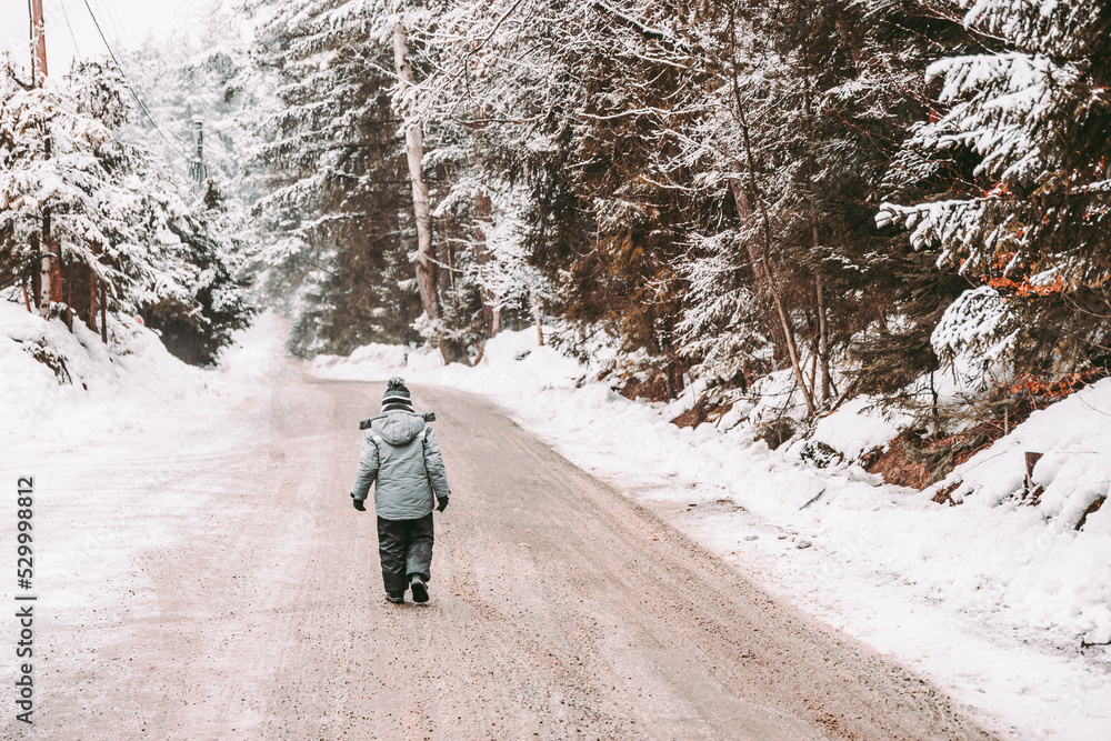 A little boy jacket walks through a snowy forest. Walk in the fresh air on a winter day. Lifestyle concept