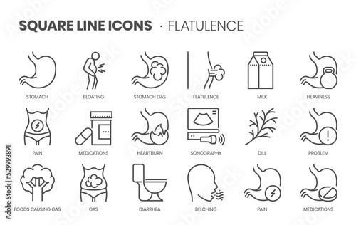Flatulence related, pixel perfect, editable stroke, up scalable square line vector icon set.