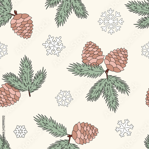 Retro 60s 70s spruce cone snowflake winter forest vector seamless pattern. Hippie Groovy Vintage Christmas background for holiday festive season wrapping paper.