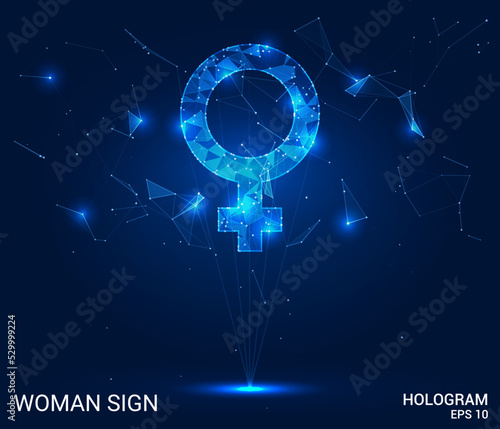 The hologram is a female sign. The female sign consists of polygons, triangles of dots and lines. Female sign icon low poly compound structure. Technology concept vector.