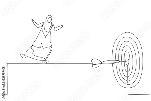Cartoon of skillful businesswoman acrobat walk on rope to reach bullseye dart target. Metaphor fro challenge to overcome difficulty and achieve business target. Continuous line art